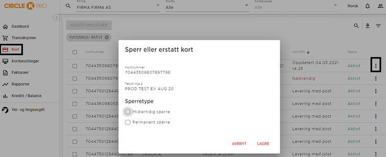 Sperre eller erstatte kort